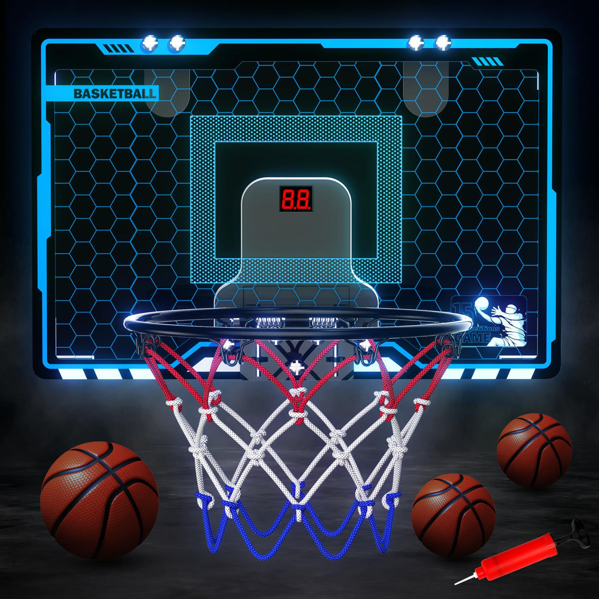 HopeRock Indoor Mini Basketball Hoop for Kids - LED Lights, Scoreboard & 3 Balls