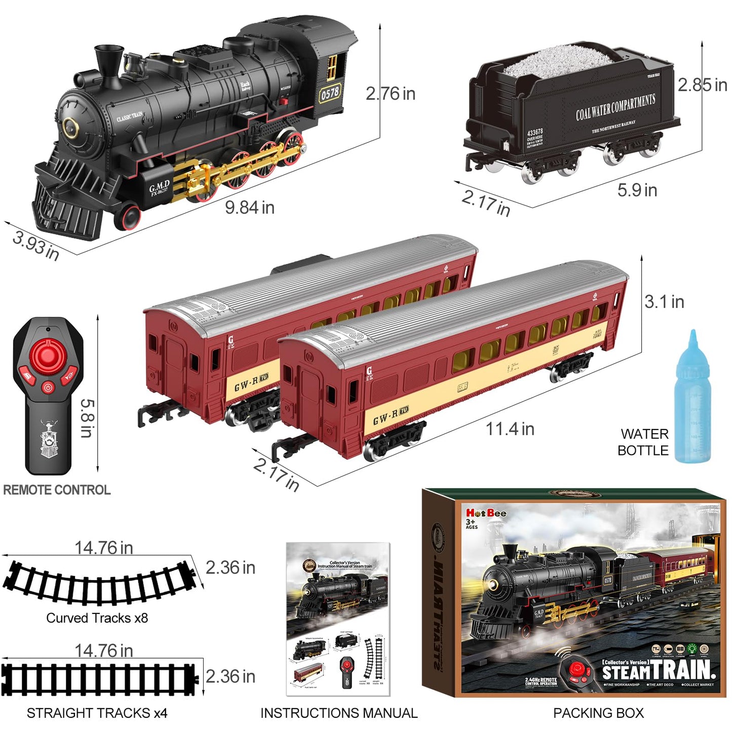 Hot Bee Train Set – Remote Control Steam Locomotive with Lights for Kids 3-8