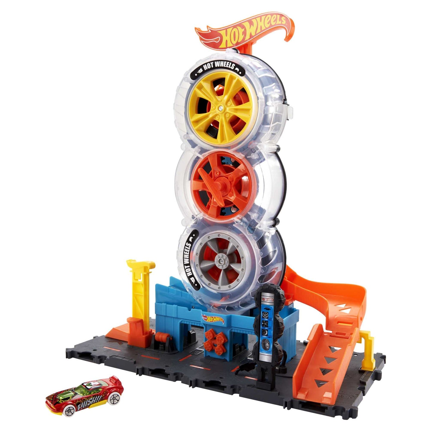 Hot Wheels City Super Twist Tire Shop Playset – Spin the Key to Move Cars Through Tires, Includes 1 Car (Amazon Exclusive)