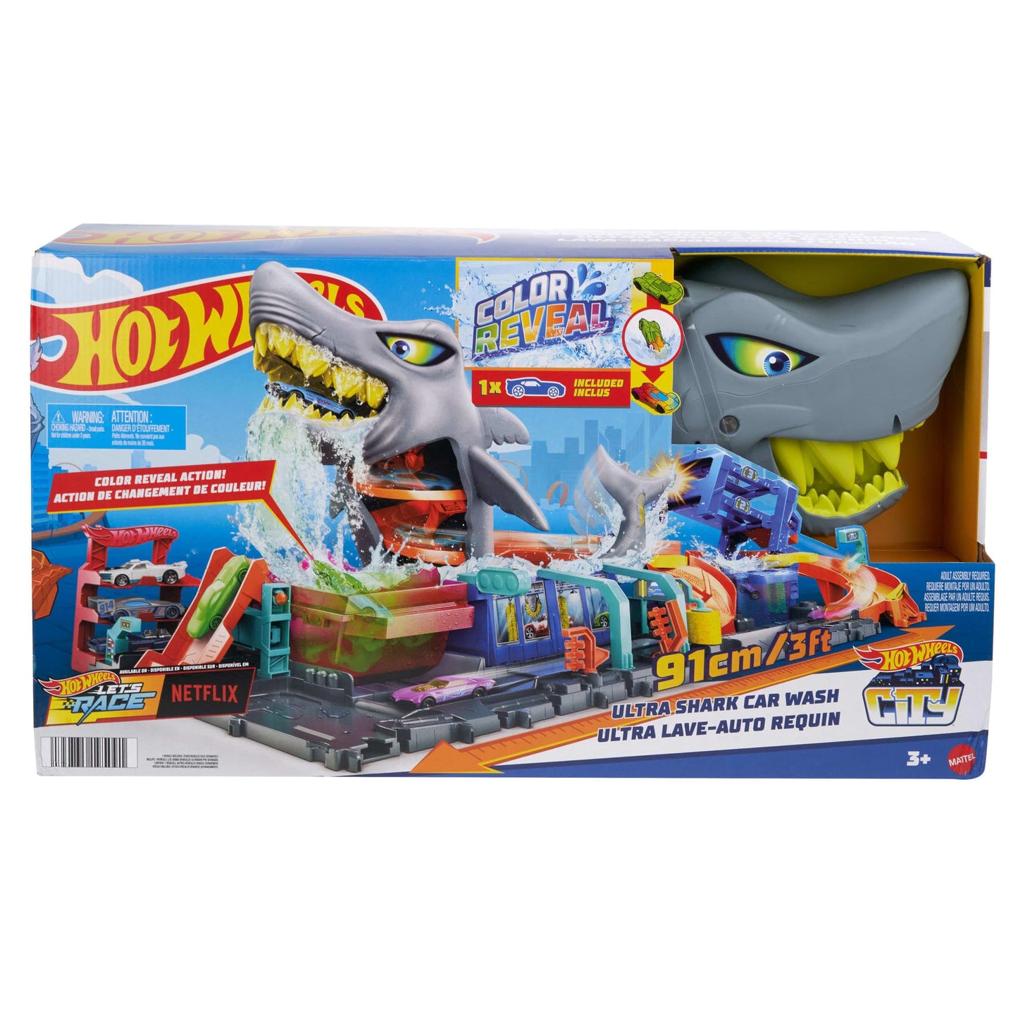 Hot Wheels City Ultra Shark Car Wash – Color Reveal Vehicle, Foldable Track Set, 1:64 Scale
