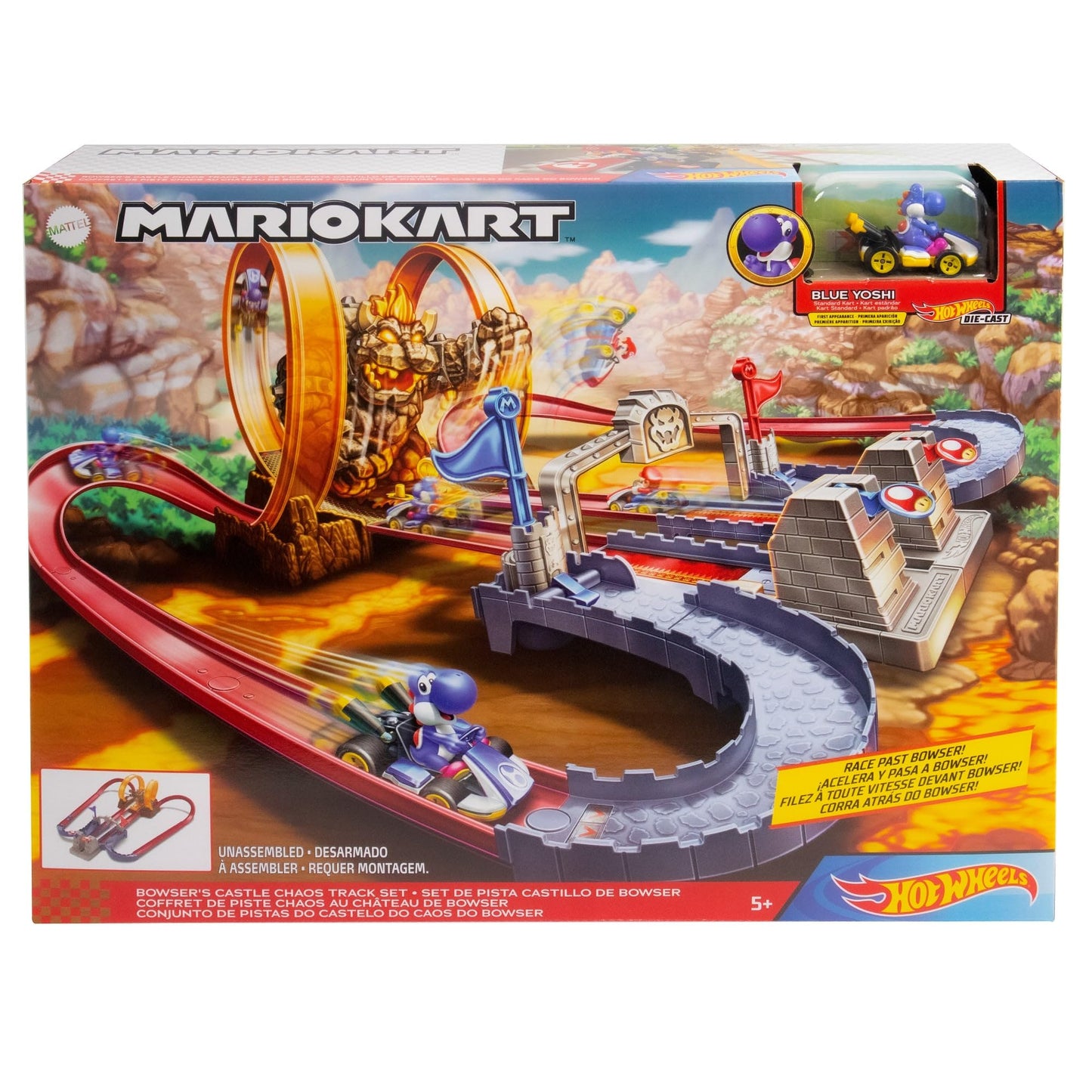 Hot Wheels Mario Kart Bowser's Castle Chaos Modular Track – Side-by-Side Racing & Bowser Figure | Ages 3+