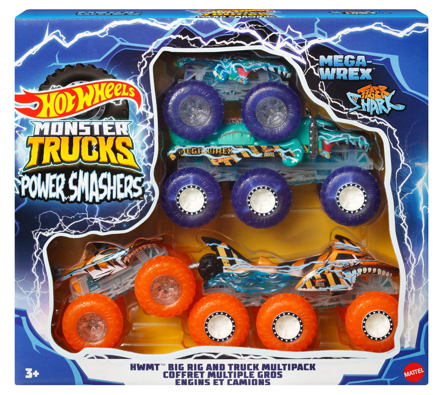 Hot Wheels Power Smashers Monster Trucks Multipack: Tiger Shark & Mega-Wrex with Big Rigs (1:64)