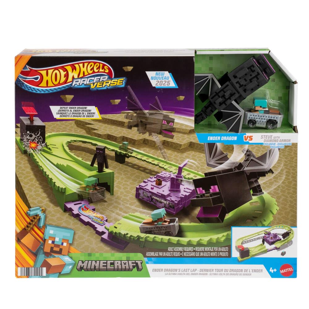 Hot Wheels RacerVerse Minecraft Track Set with Diamond Armor Steve & Ender Dragon