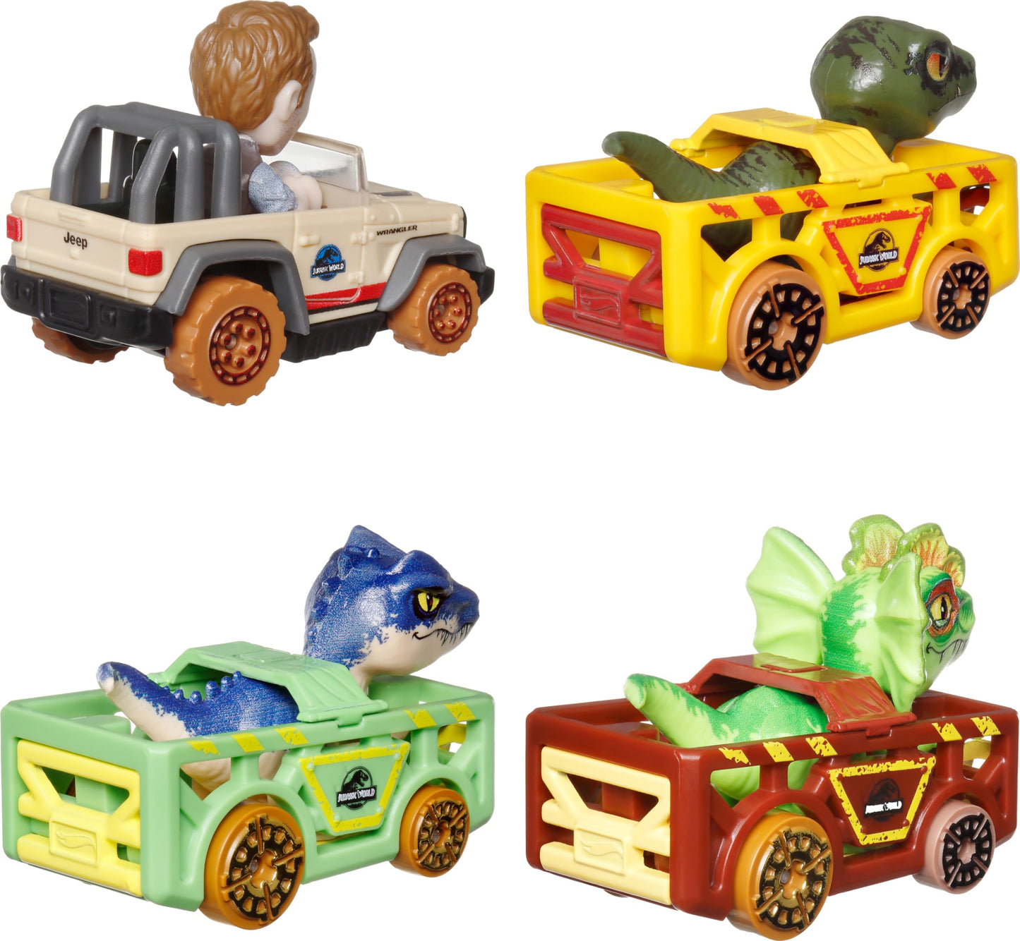 Hot Wheels RacerVerse Jurassic World 4-Pack Die-Cast Vehicles – Owen, Charlie, Dilophosaurus & Allosaurus