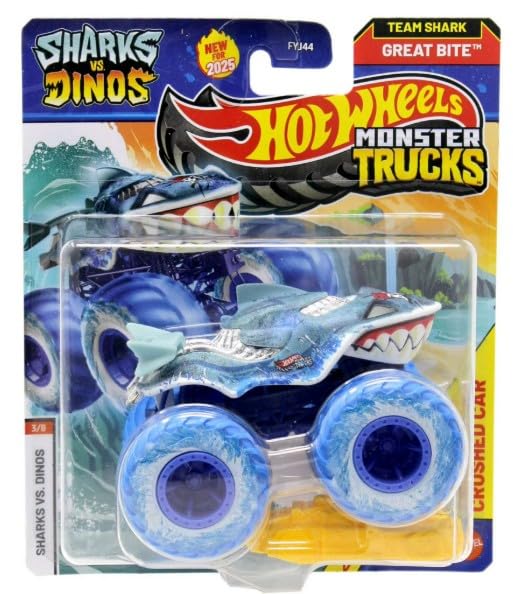 Hot Wheels Sharks vs Dinos 1:64 Monster Trucks – 2025 Edition Collection (3/8 Blue Wheels Great Bite)
