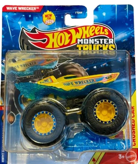 Hot Wheels Wave Wrecker Monster Truck – Back to Basics Series 1/8, 1:64 Diecast (Includes Crushed Car) – New for 2026