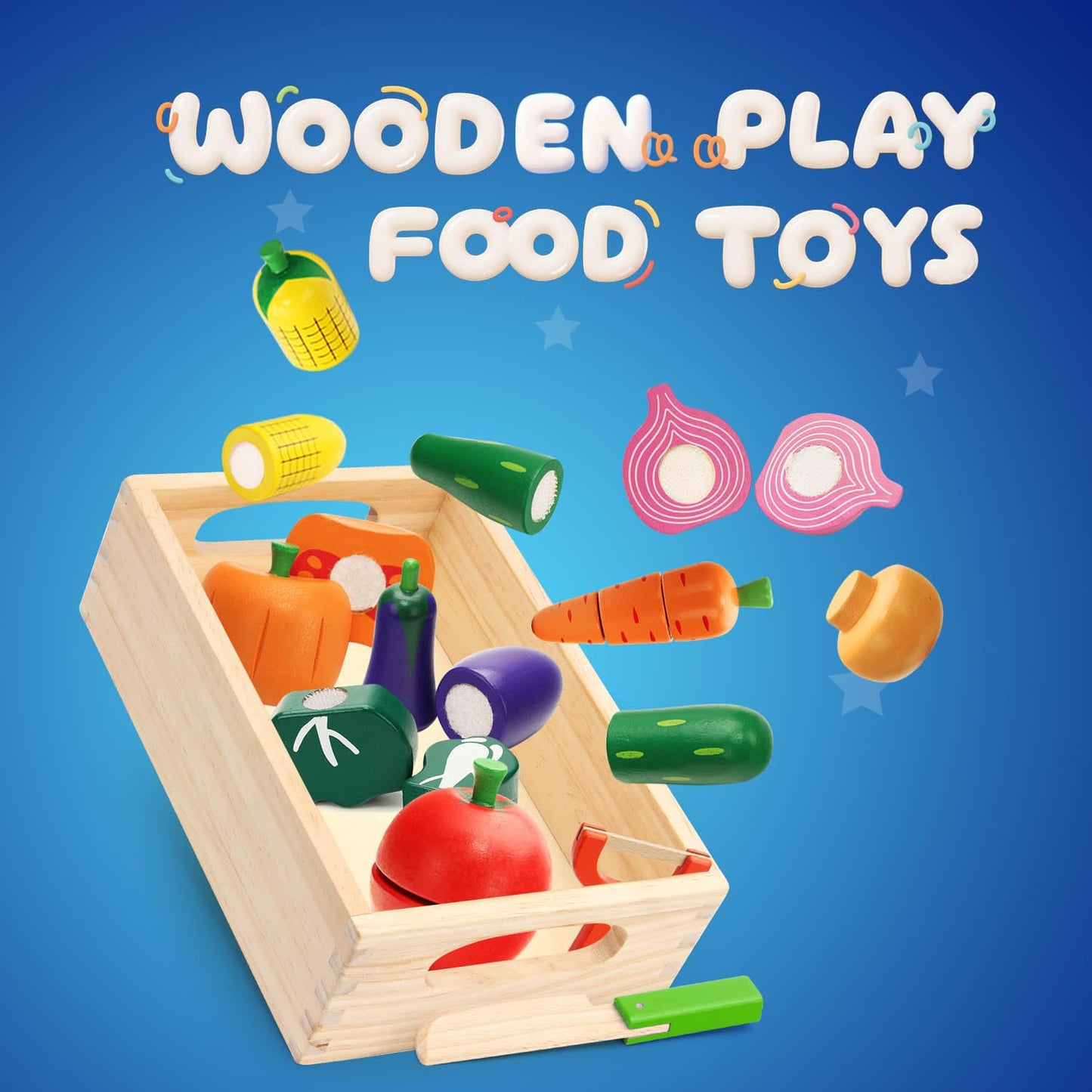 HOTMOODSY Wooden Play Food Set for Toddlers – Pretend Kitchen Veggies Cutting Set, Montessori Gift