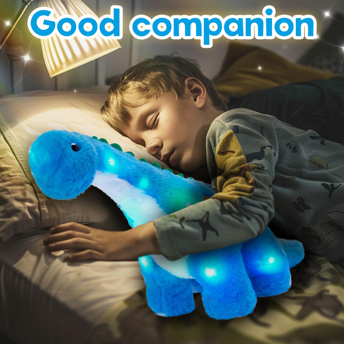 Houwsbaby 14-inch Blue Light Up Dinosaur Plush – Glow Diplodocus Night Light & Cozy Plush Toy