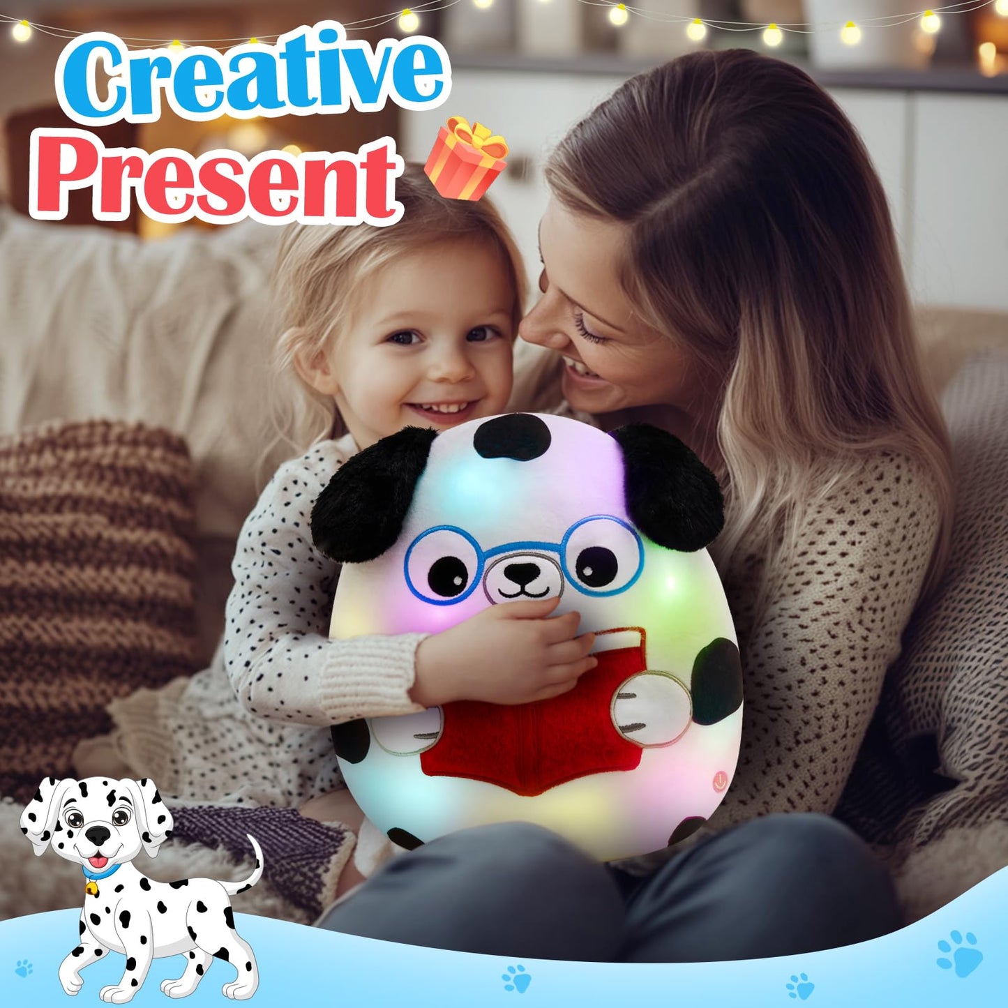 Houwsbaby 12in Light-Up Reading Spotted Dog Plush Pillow – Glow-in-the-Dark Puppy Toy for Bedtime & Play