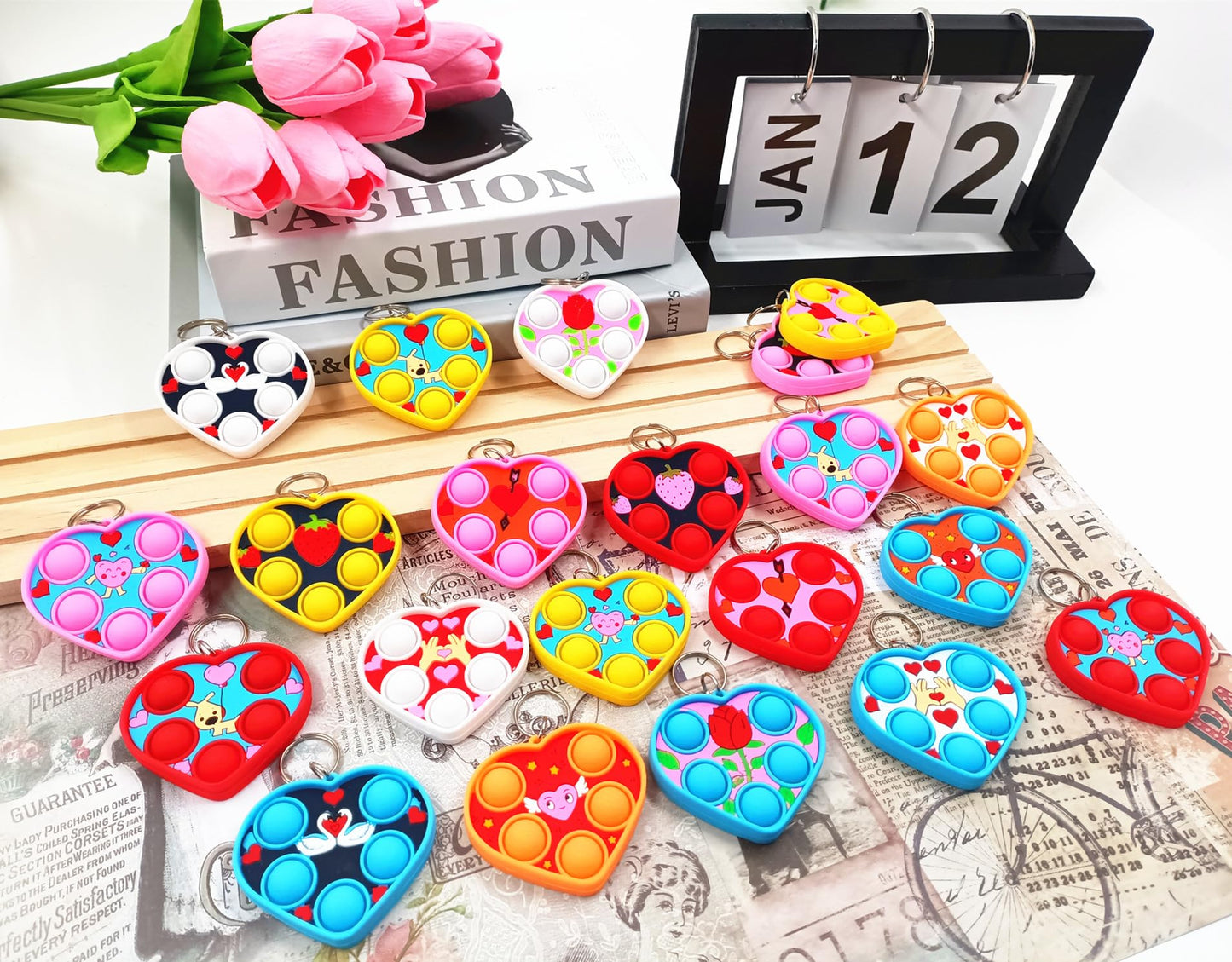 HOZKEAP Heart Fidget Bubble Keychain Bulk – 24 Pack with Greeting Cards