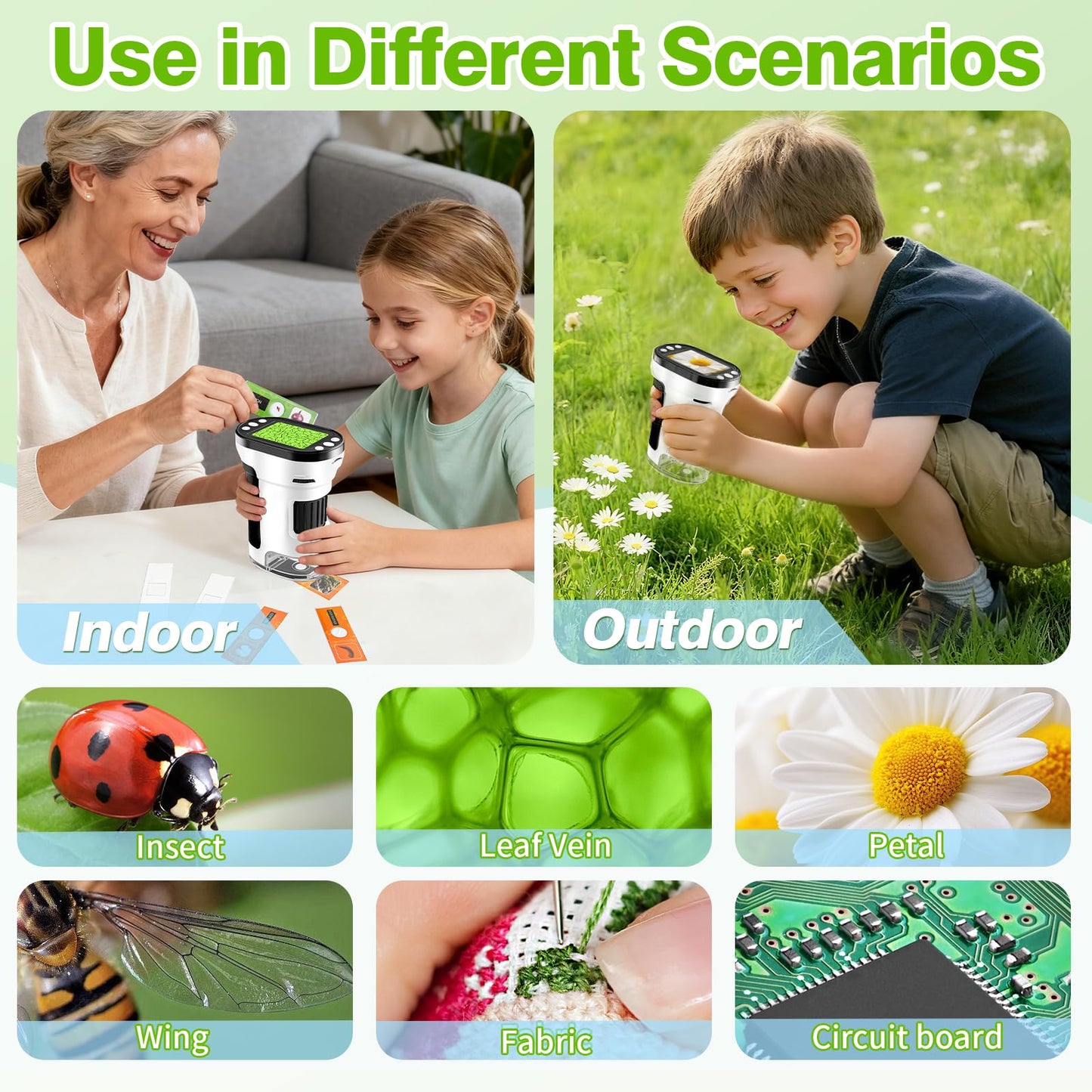 HQGZQL 1000X Digital Microscope for Kids – 4K 2.0-inch Screen, 6 Slides Kit, 32GB TF Card