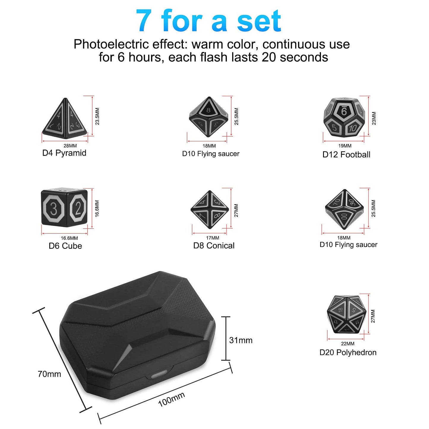 HTPOW LED DND Dice Set – 7 USB Rechargeable Glow Dice with Charging Box