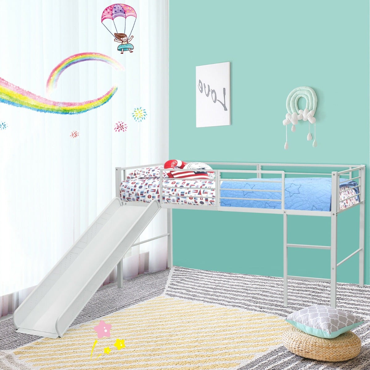 Sliding Loft Children Single Bed with Stairs and Safety Guardrails-Black