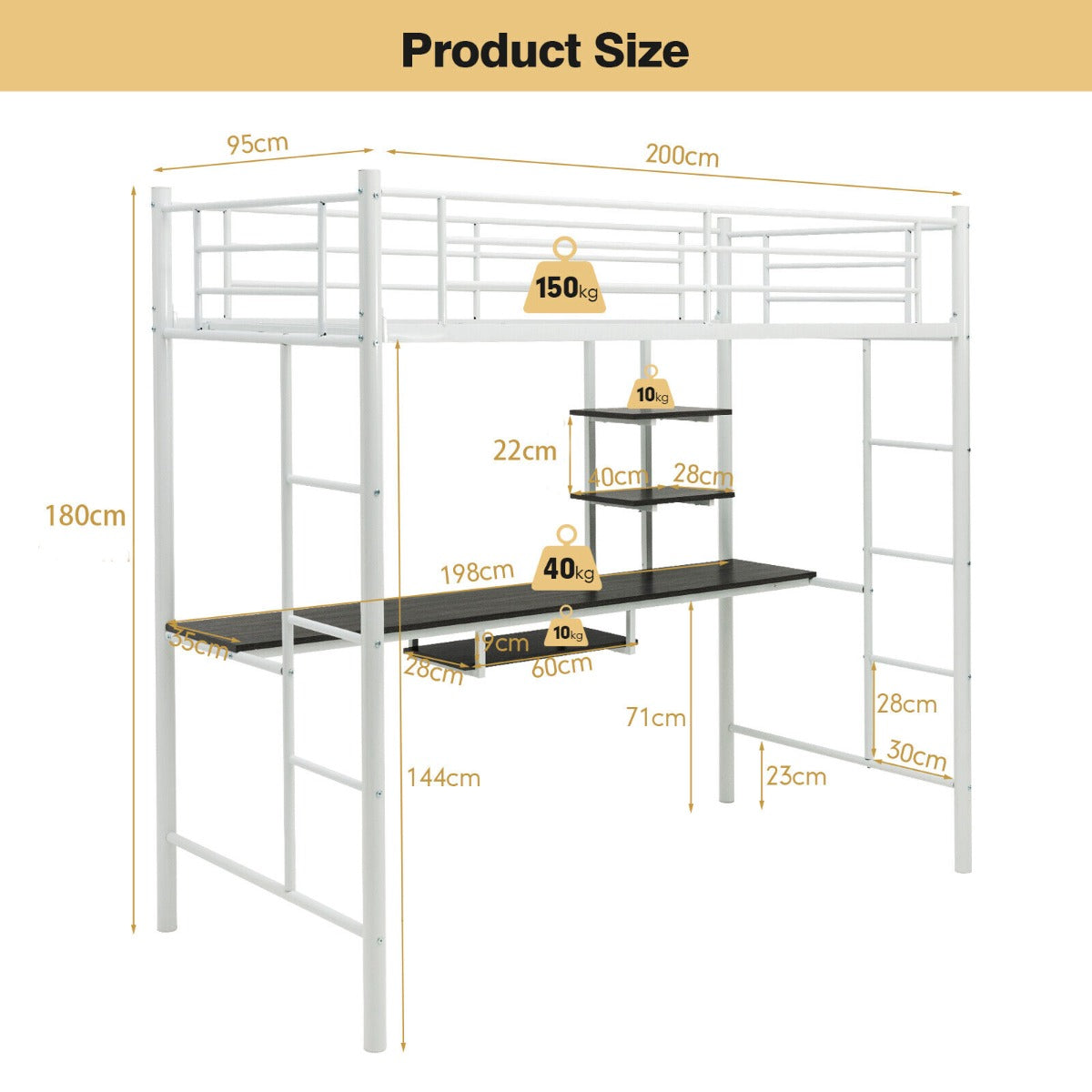 Metal Bunk Bed Frame High Sleeper with Desk and Storage Shelves-Black