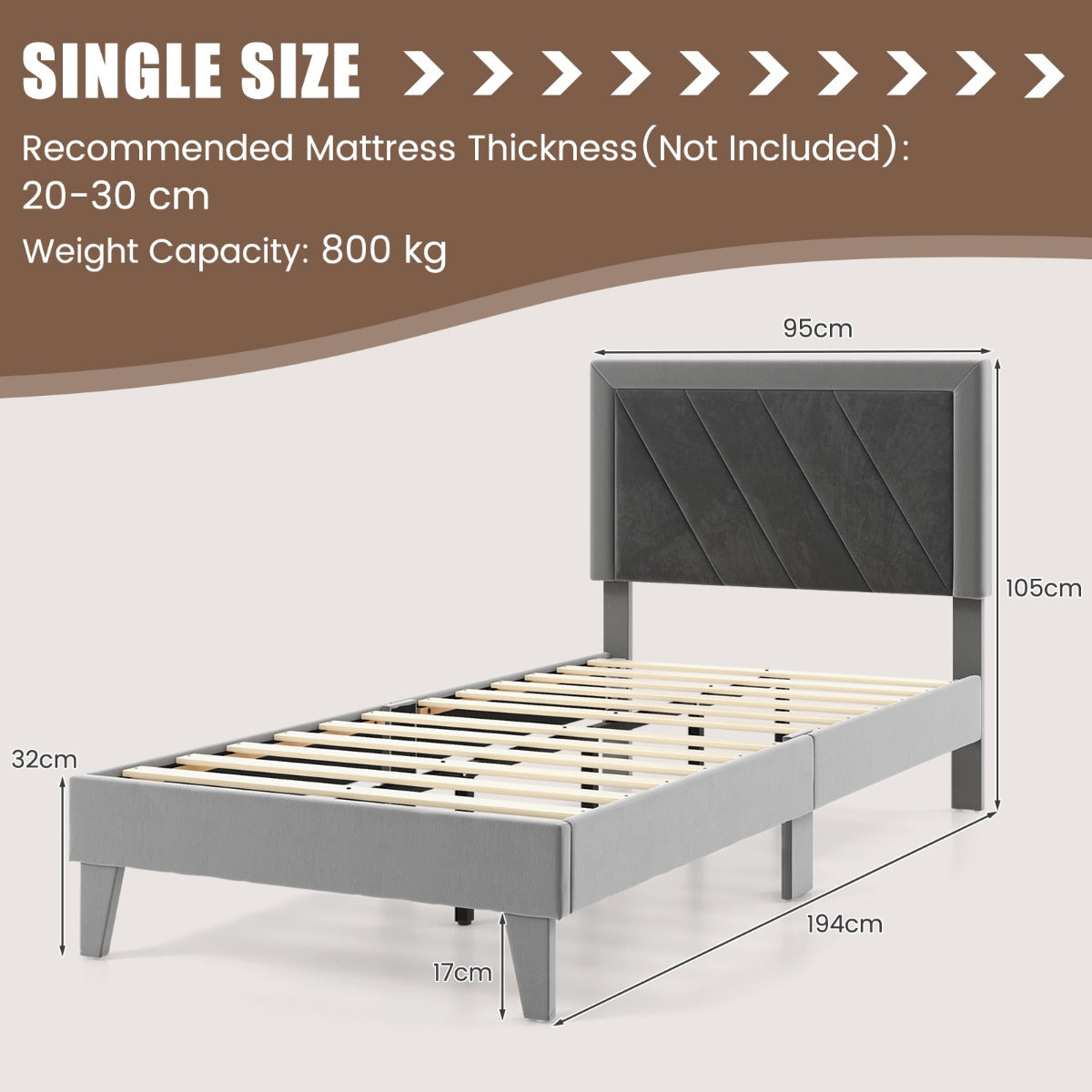 Single/Double Platform Bed with High Headboard &12 Wooden Slats-Double Size