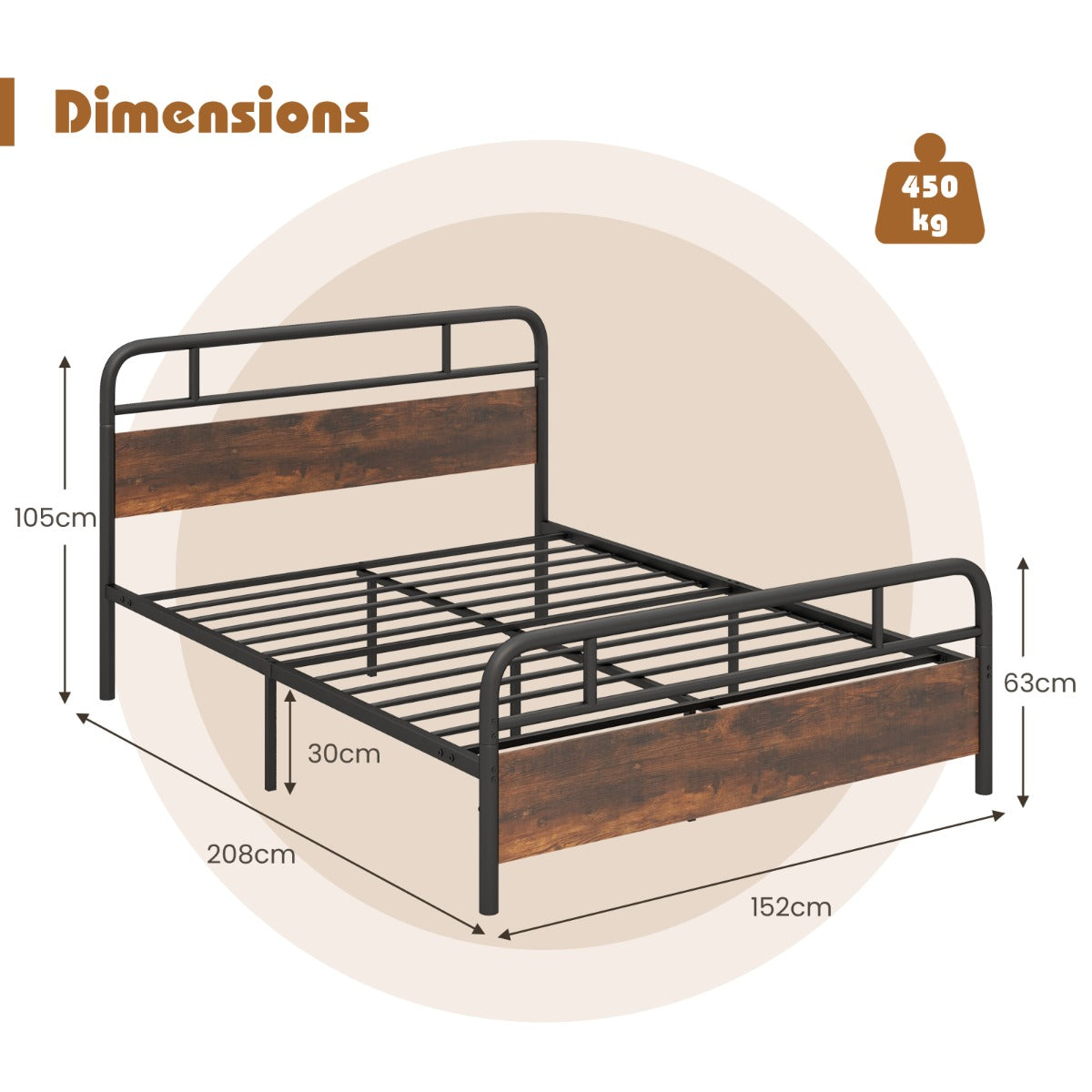 Single/Double/King Bed Frame with Industrial Headboard-Double Size