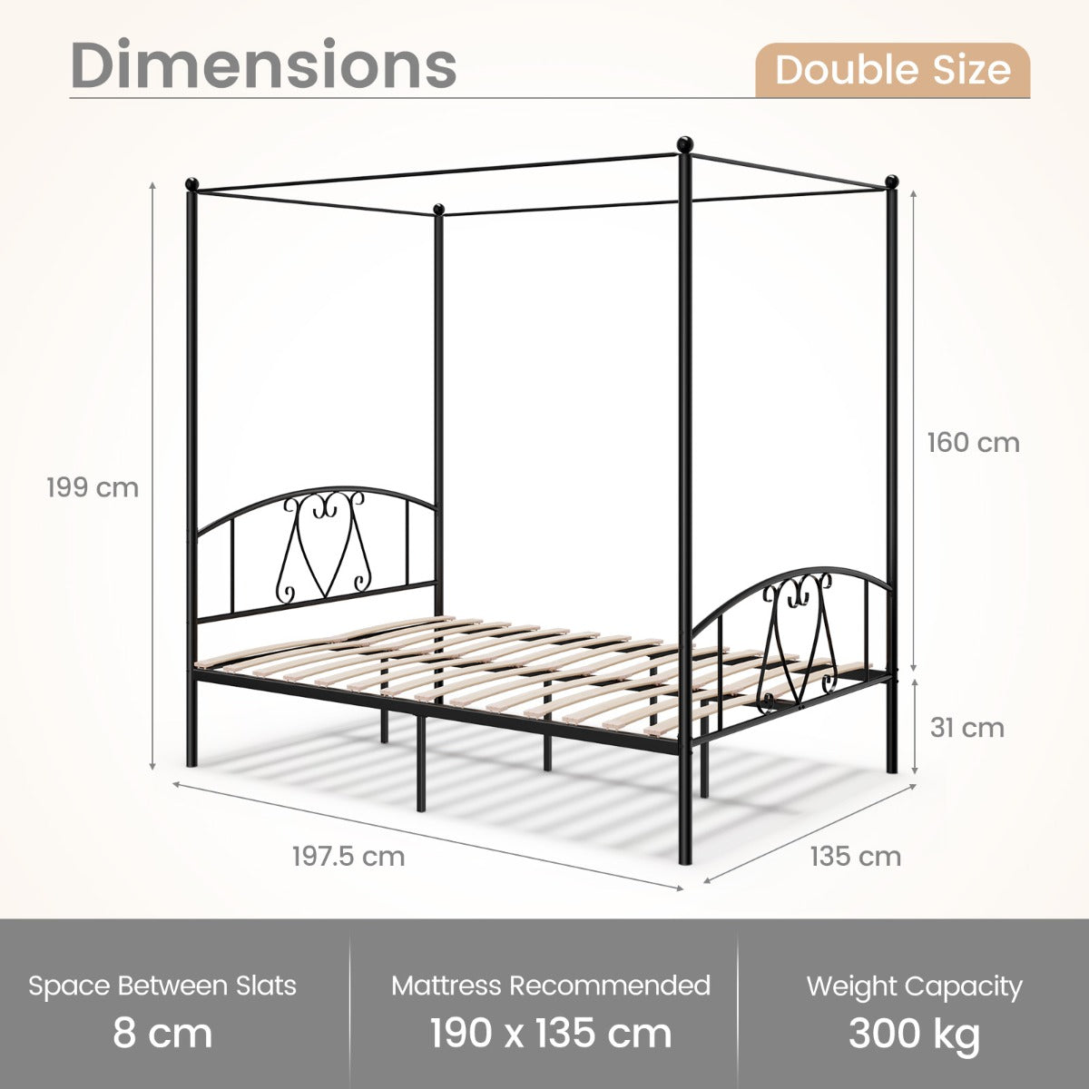 Double Size Metal Canopy Bed Frame-Grey