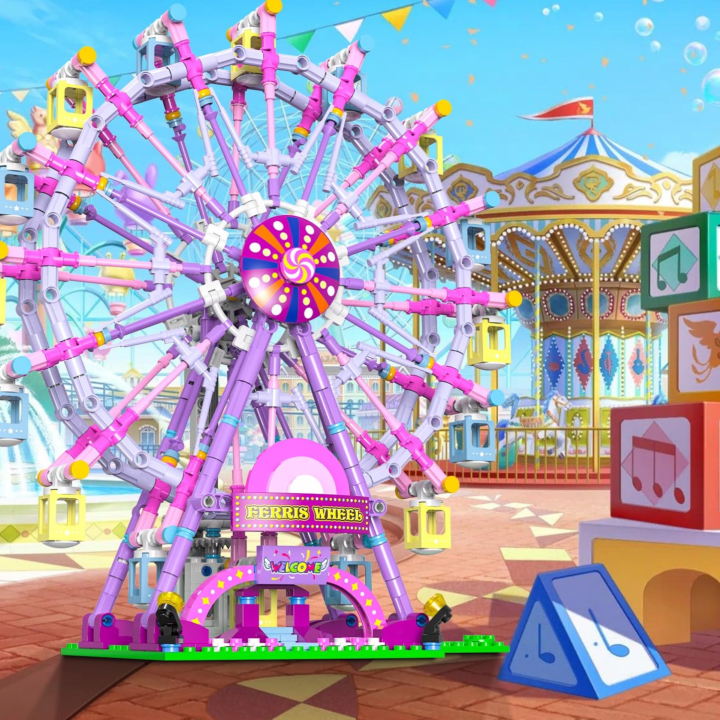 HuiNiu Ferris Wheel Building Block Set with Fairy Light – 813 Pieces, Two-Way Rotating Amusement Park Kit for Ages 8-13