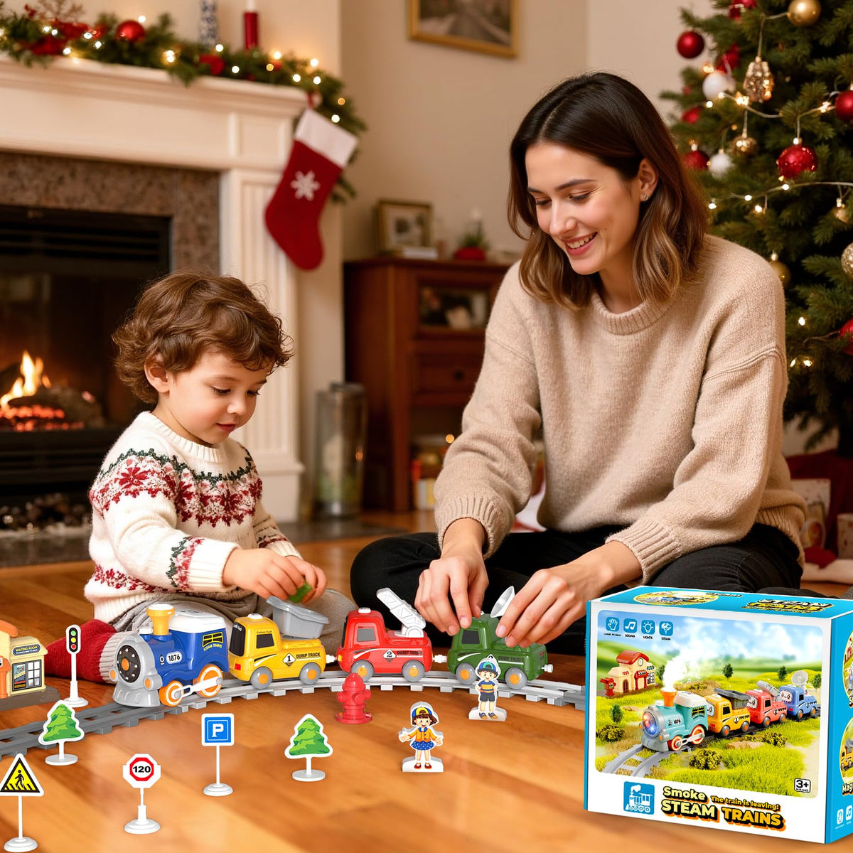 HUITEM Train Set for Toddlers – Electric Magnetic Train with Steam, Music & Lights