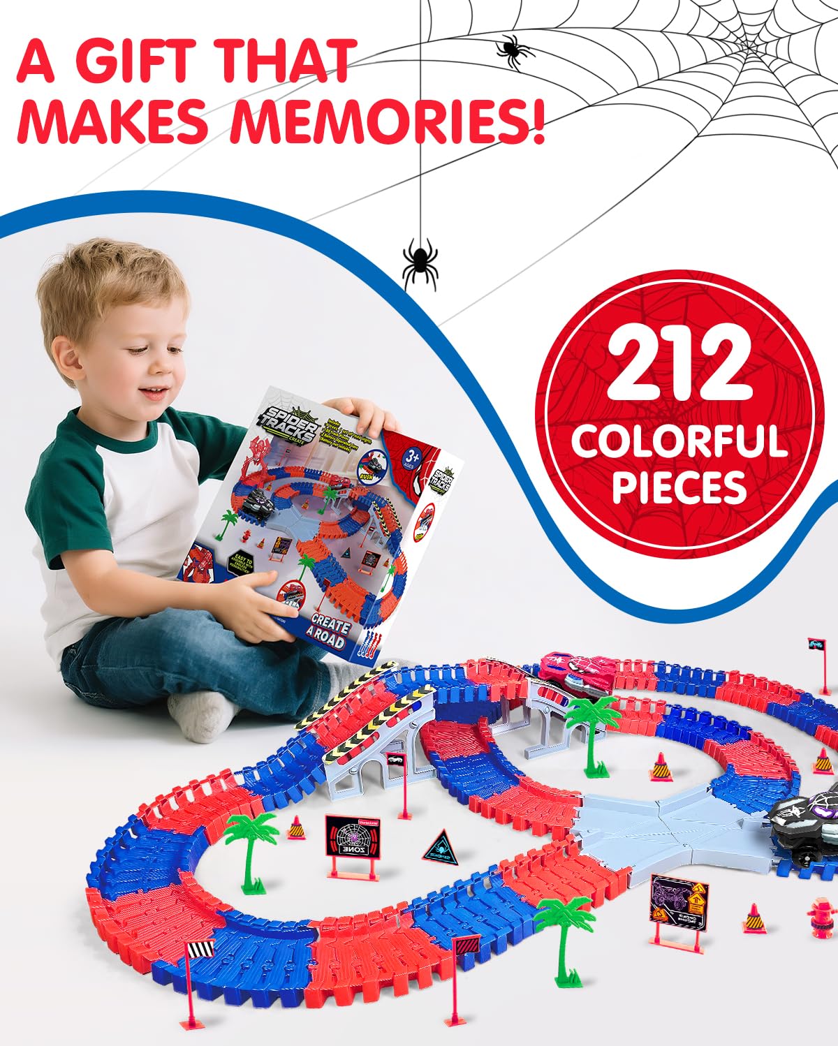 Humzo Spider Tracks: 2 Spider Cars & 212-Piece Flexible Race Track – STEM Toy Gift for Ages 3-8