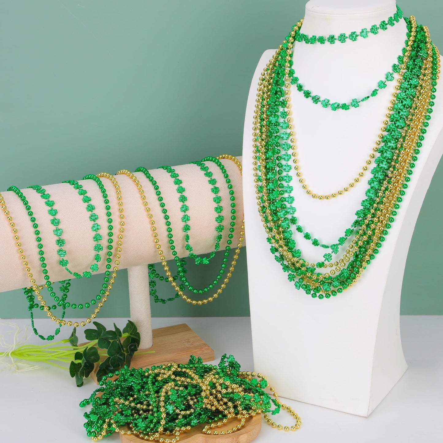 Huskein 12 PCS St Patrick's Day Necklace Set – Green & Gold Beads with Shamrocks