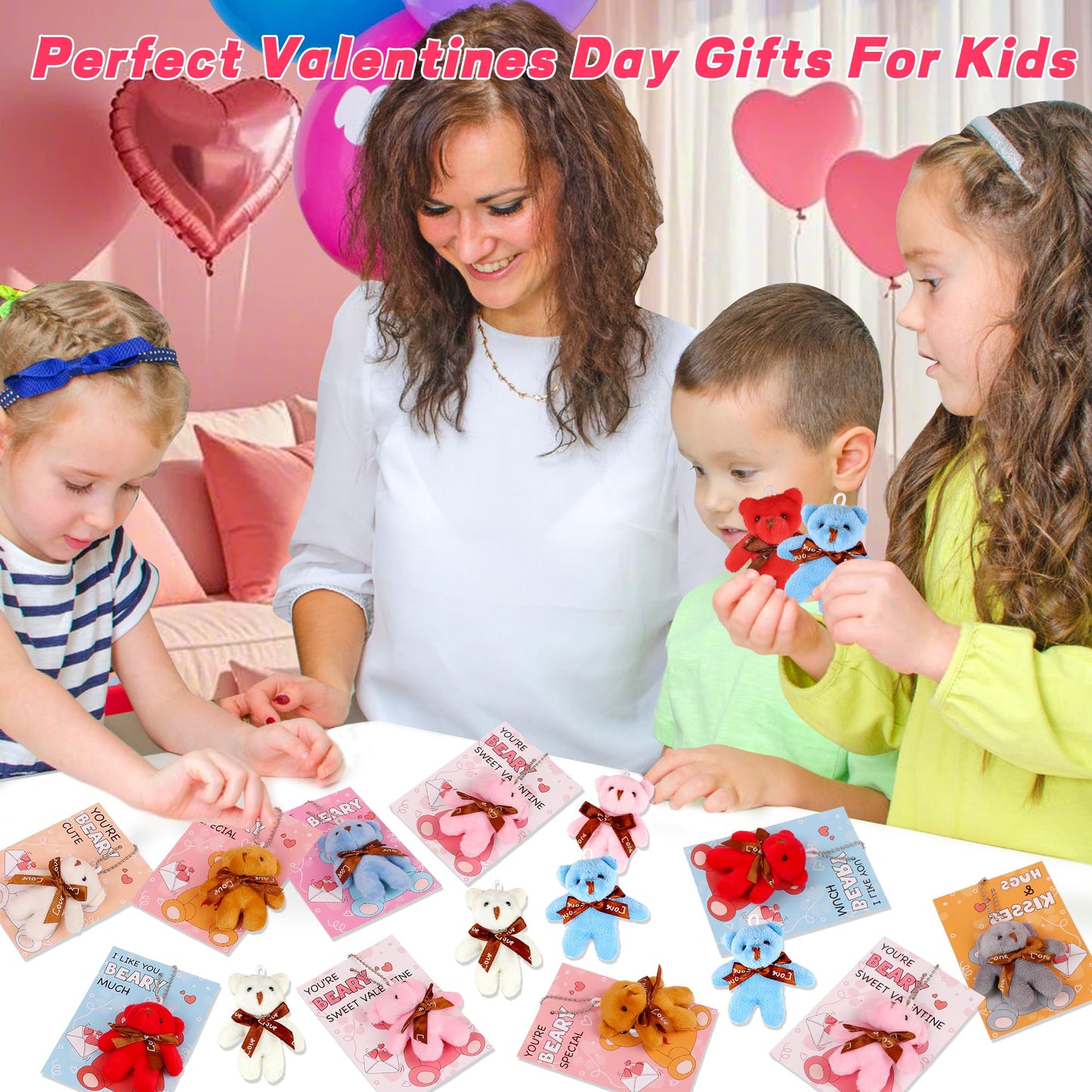 Huyamap 28-Pack Valentine Gifts for Kids | Plush Bear Keychains & Classroom Cards