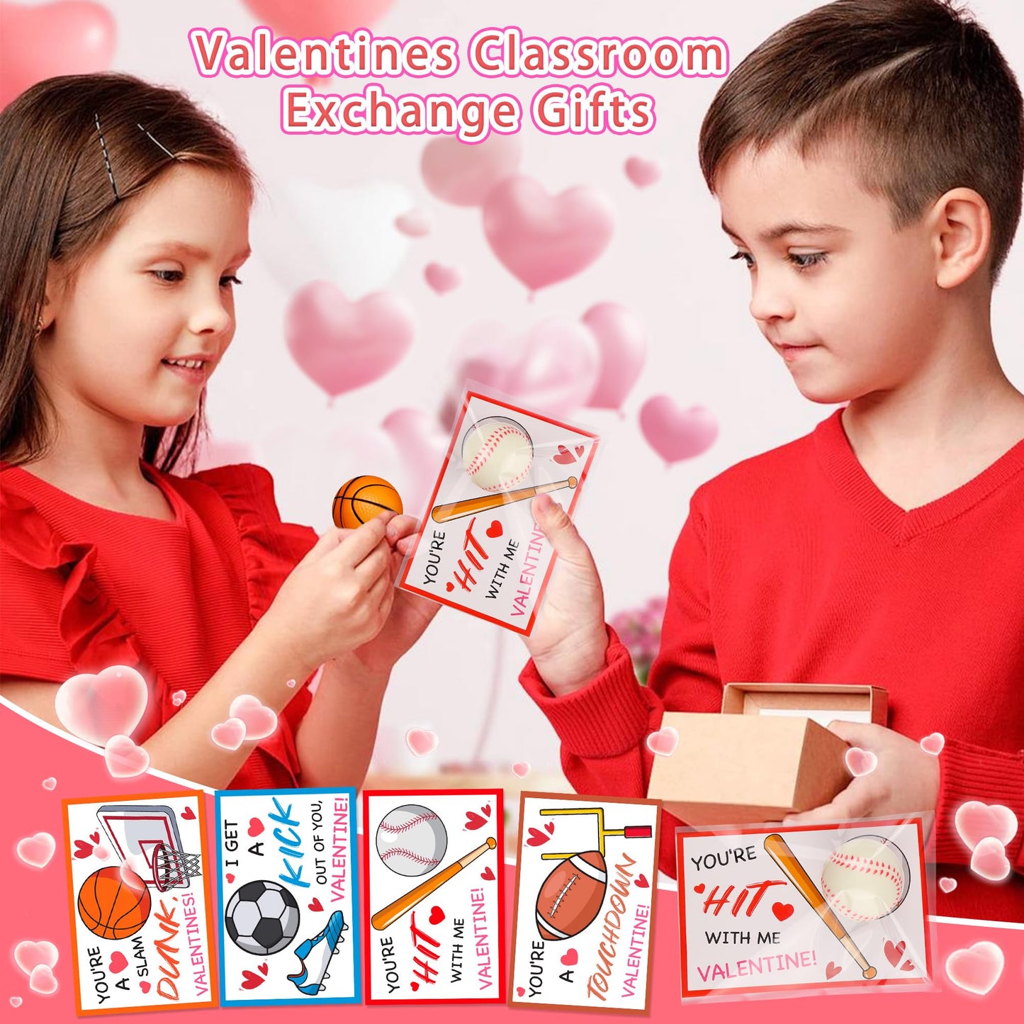 Huyamap 28-Pack Kids Valentine Cards & Sports Ball Stress Relief Toys | Classroom Gifts