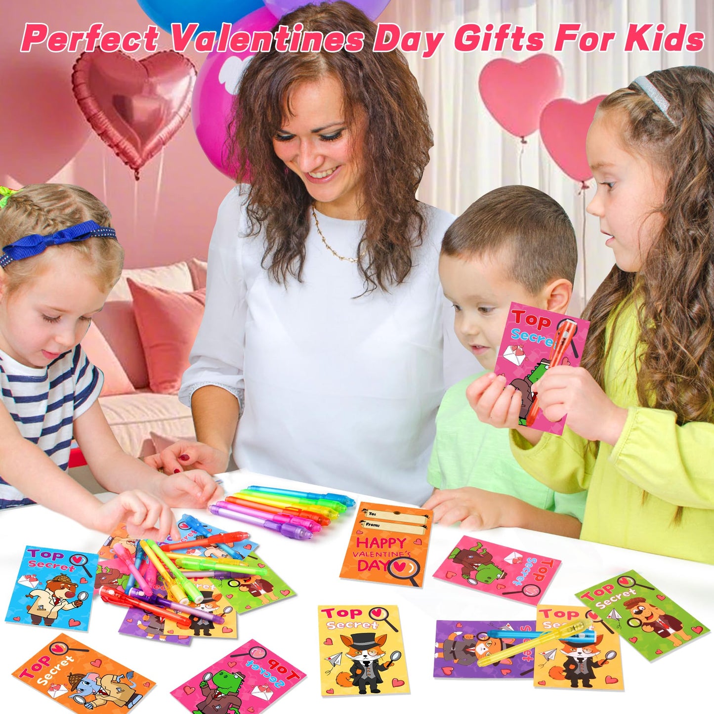 Huyamap 24-Pack Valentines Day Kids Classroom Gift Set | LED Invisible Ink Pens, Animal Detective Cards & Gift Bags