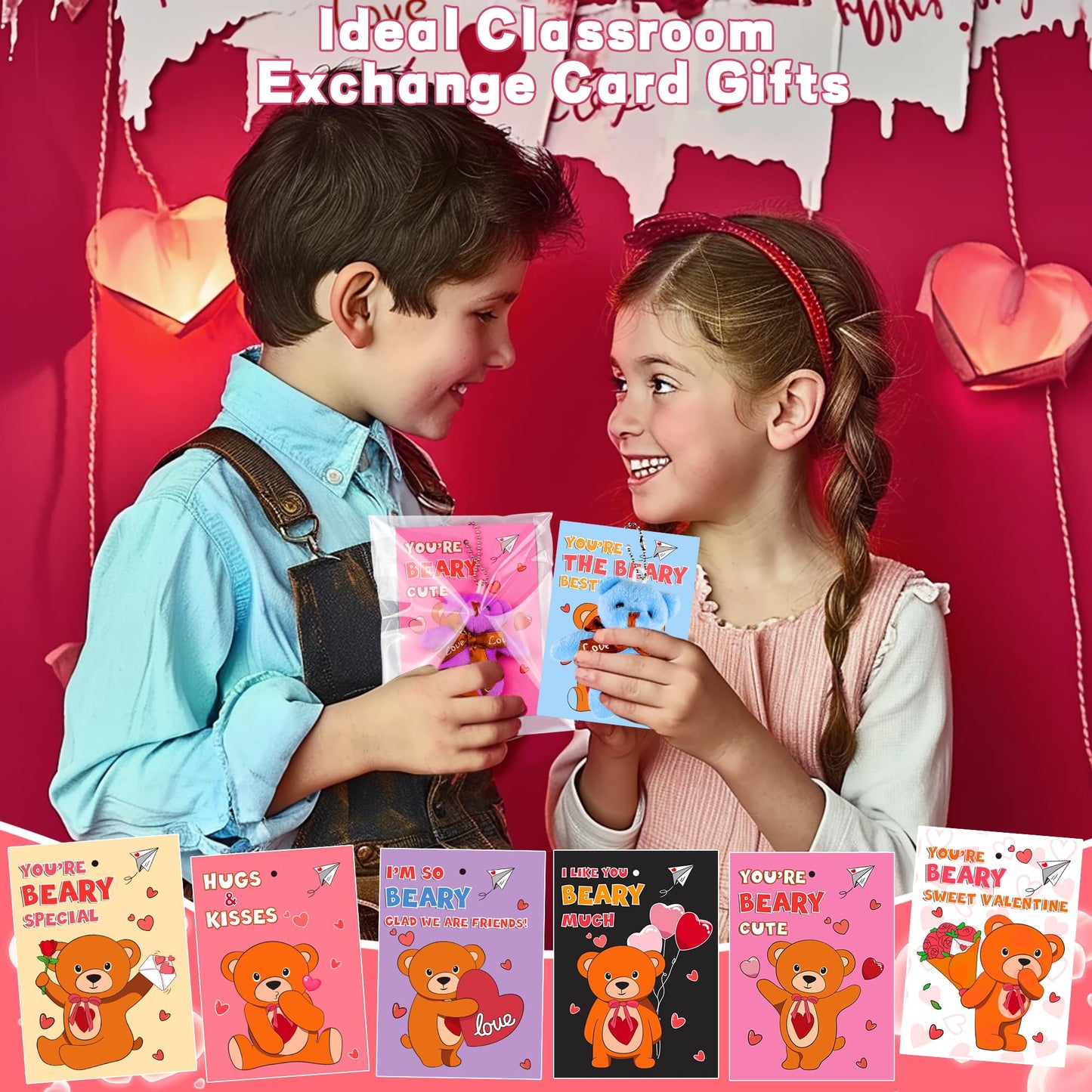 28-Pack Valentines Day Cards with Plush Bear Keychains | Huyamap Classroom Gift Set