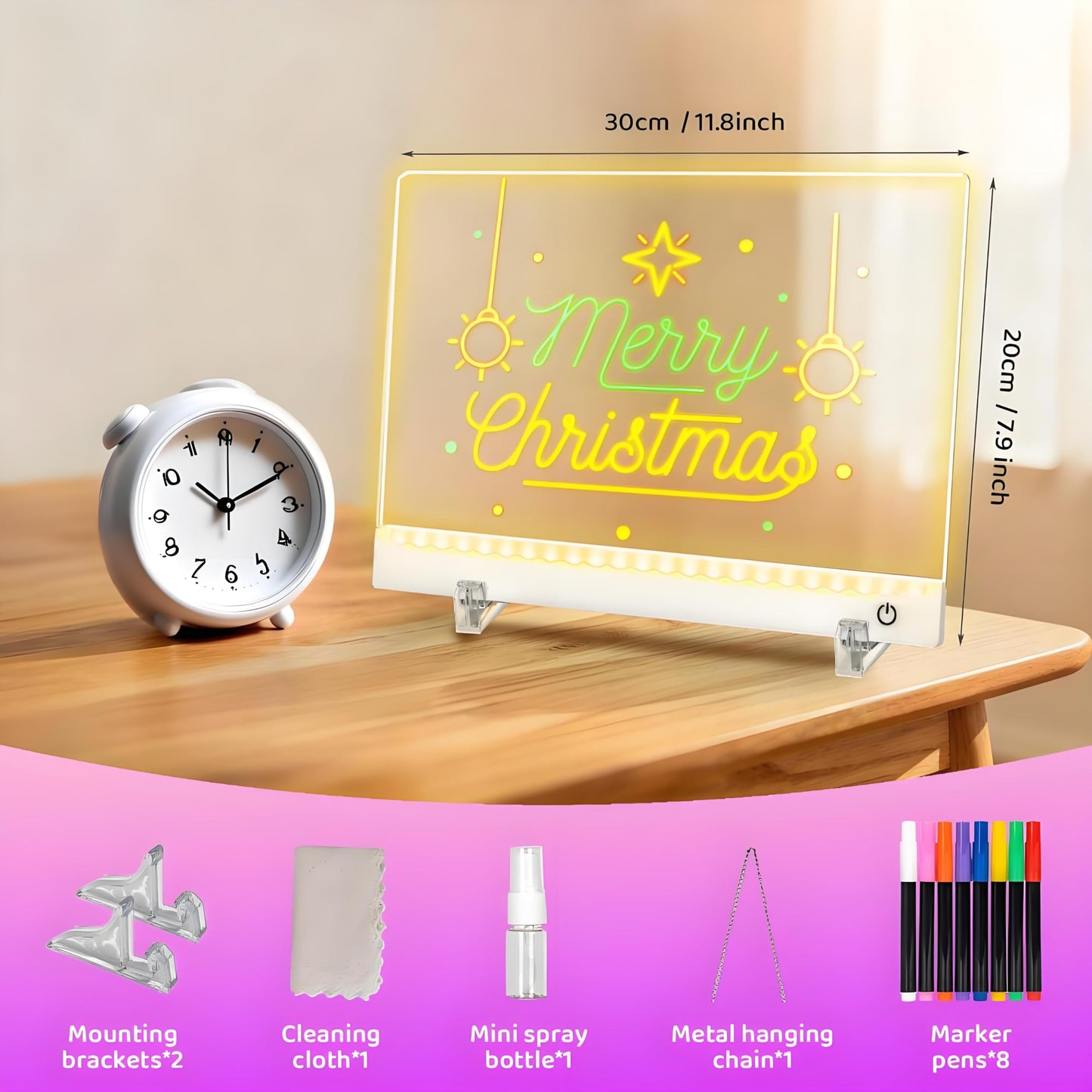 HVMVNV Rechargeable LED Drawing Board for Kids – 11.8 x 7.9 in, 7-Color Glow, 4 Modes, Includes Stands, Chain & Markers