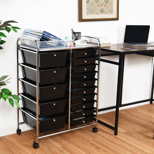 15 Drawer Rolling Storage Cart with 4 Wheels for Beauty Salon-Black