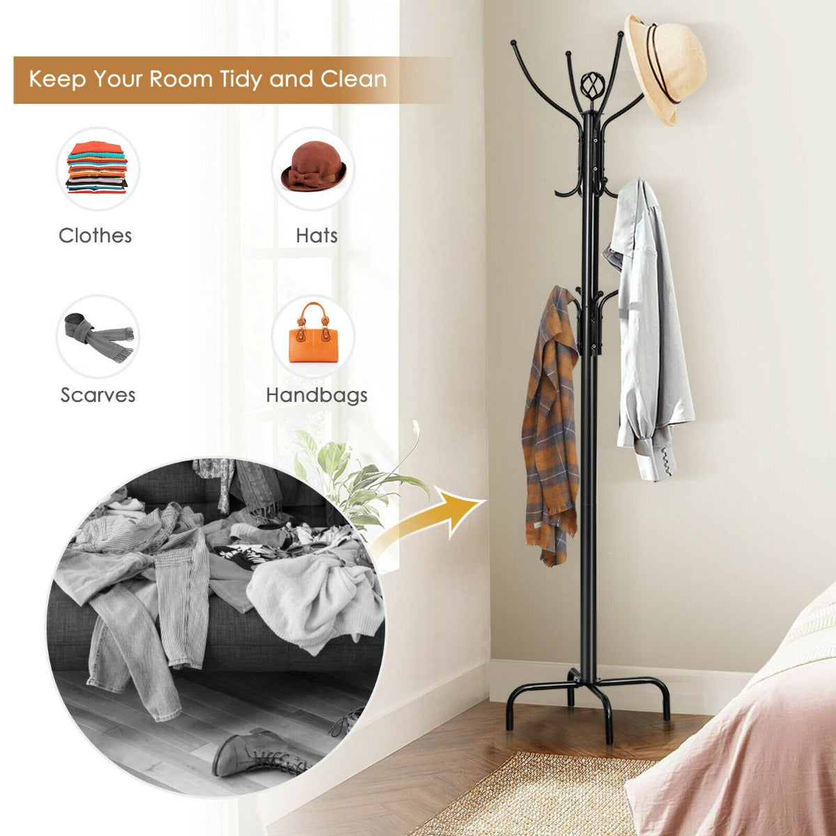 Modern Freestanding Metal Coat Stand with 12 Hooks for Bedroom Entryway-Triangular Base