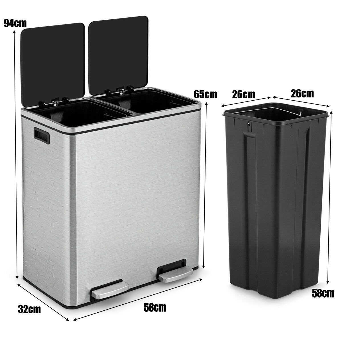 Double Recycle Pedal Bin wth Dual Removable Compartments-Black