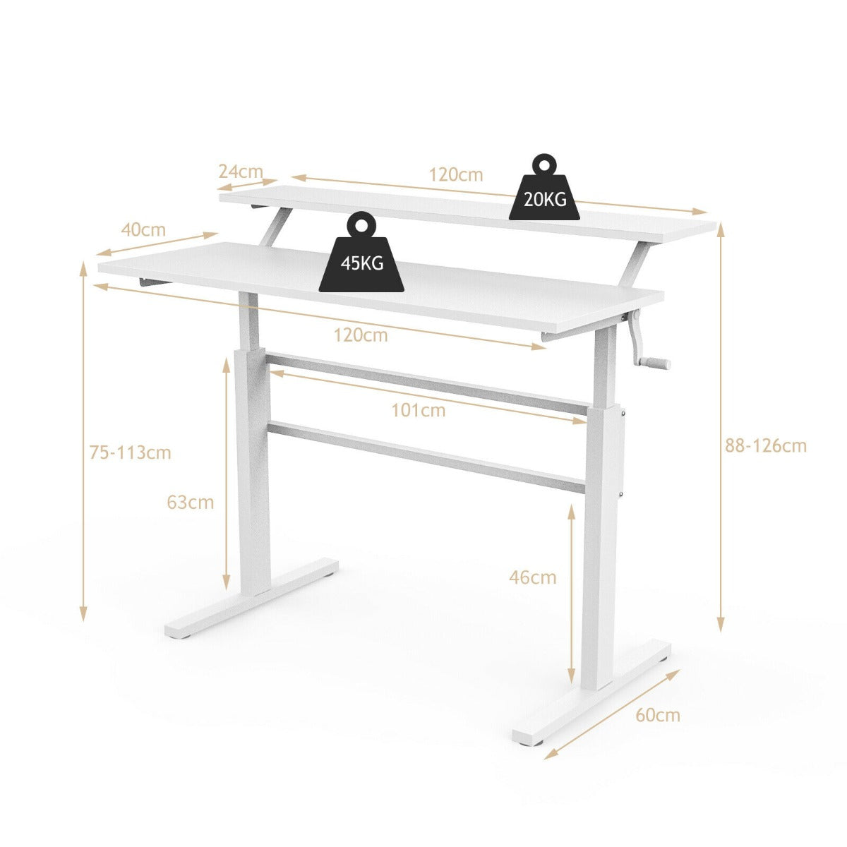 2-Tier Height Adjustable Standing Desk with Crank Handle-Black