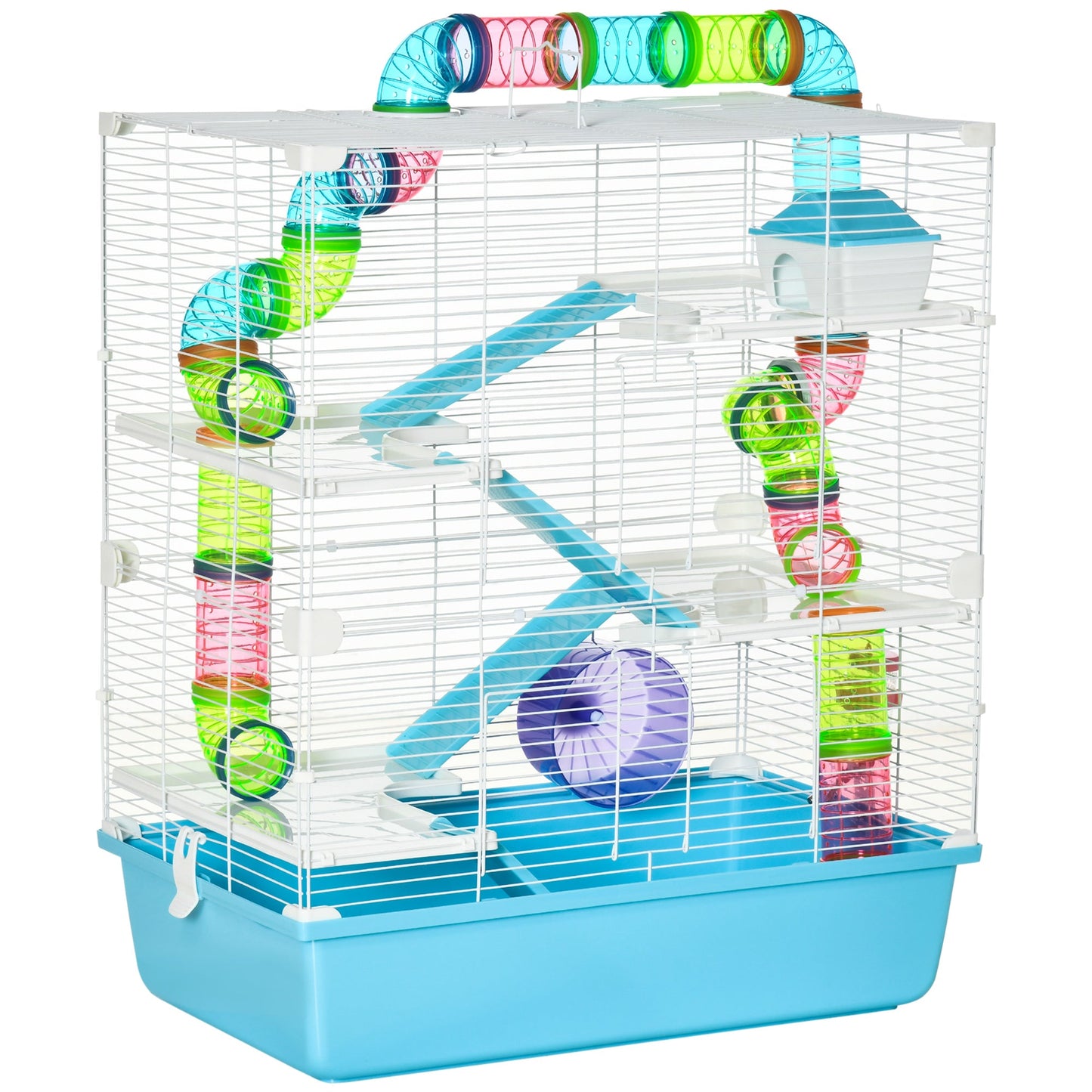 PawHut Hamster Cage w/ Water Bottle, Exercise Wheel, Tubes, Ramps