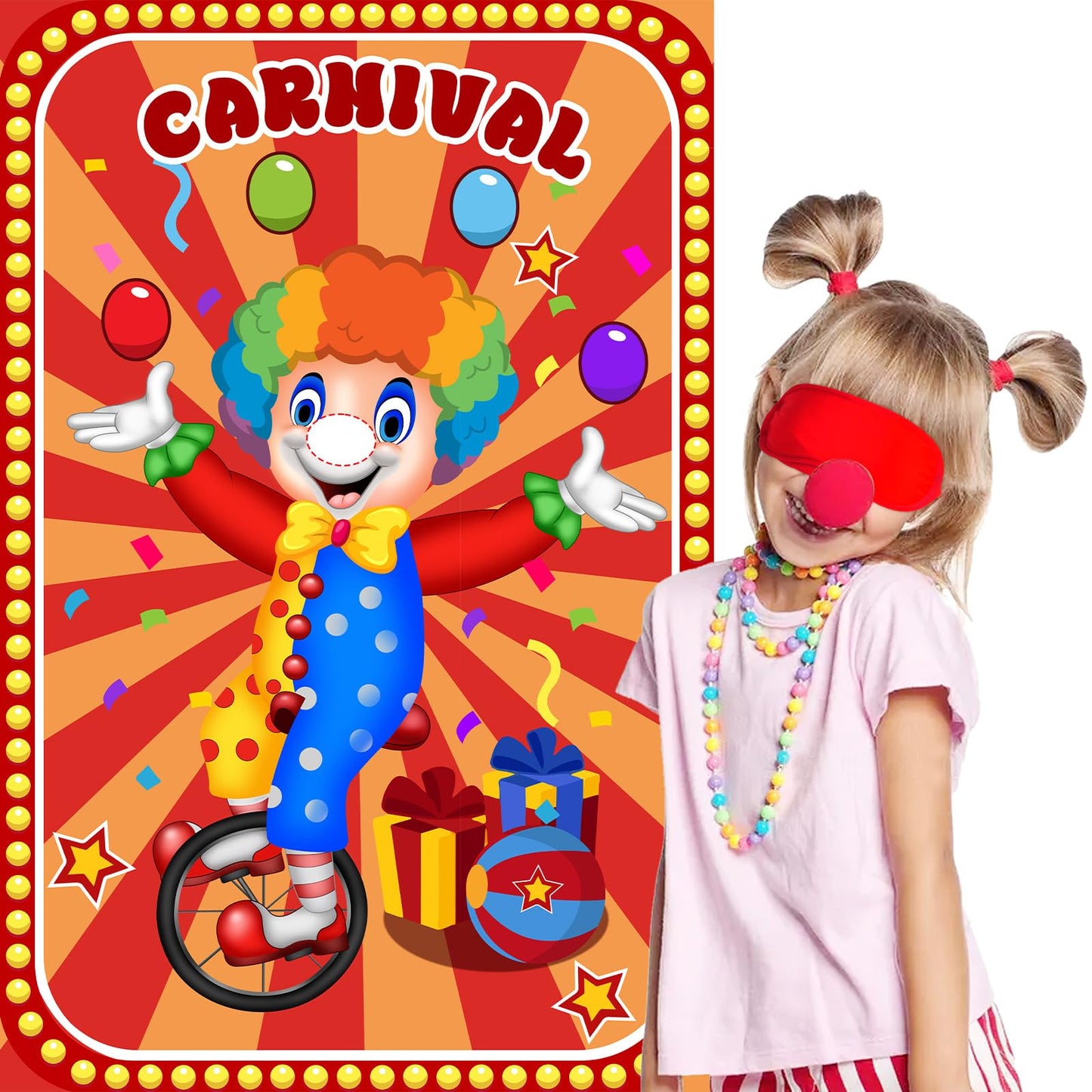 Hxezoc Circus Party Games – Pin The Noses on The Clown, 32 Nose Stickers, 29x19 Inch Poster, Kids Birthday Party & Classroom Fun