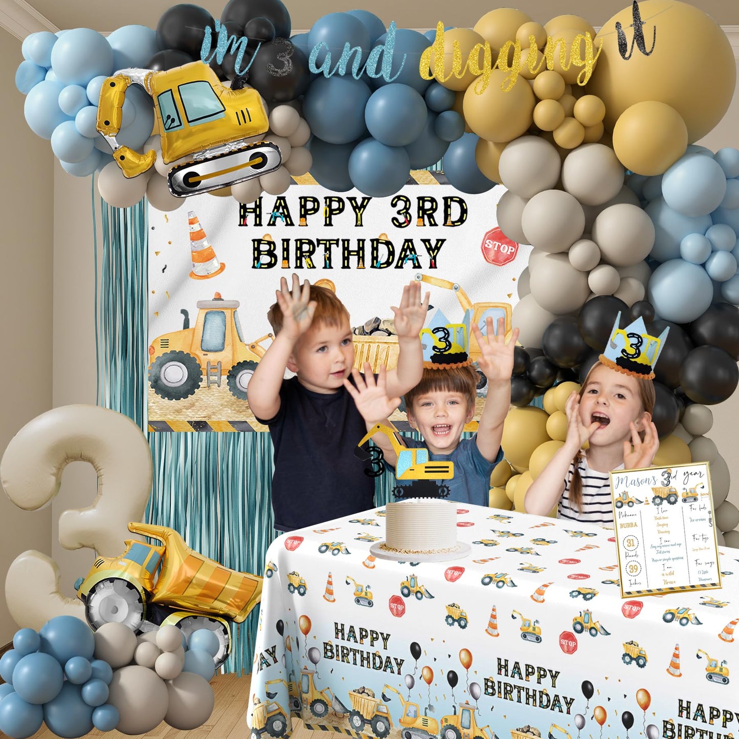 HYCSANBAO Construction 3rd Birthday Party Supplies for Boys | Backdrop, Balloon Garland, Cake Toppers