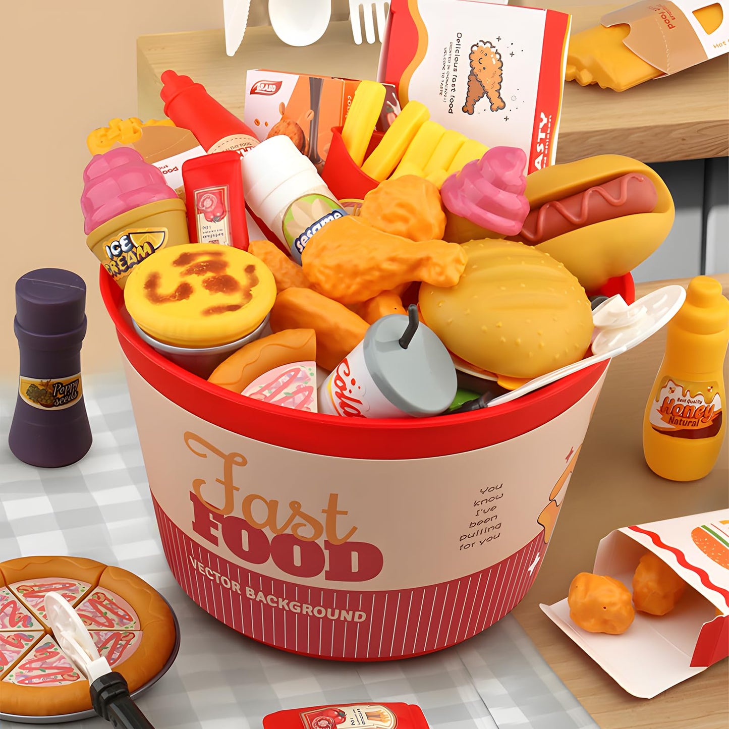 Hydeem 80-Pc Pretend Play Food Set for Kids – Fast Food Kitchen Play with Storage Bucket
