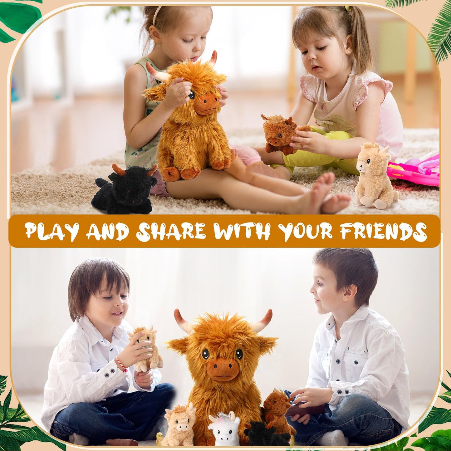HyDren 5 Pcs Highland Cows Plush Set — 13.78-Inch Mommy Cow + 4 Babies, Soft Plush Toy Set