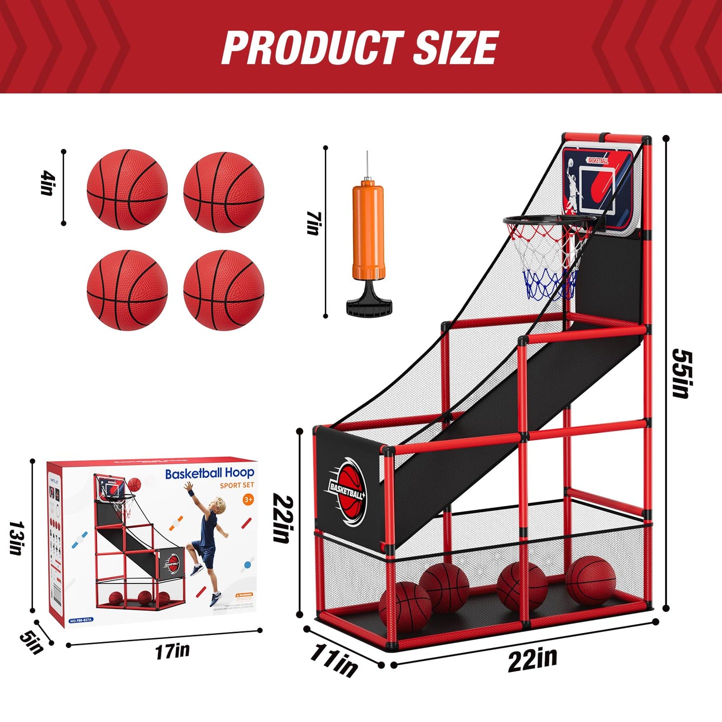 HYES Basketball Arcade Game – Indoor/Outdoor Hoop with 4 Balls