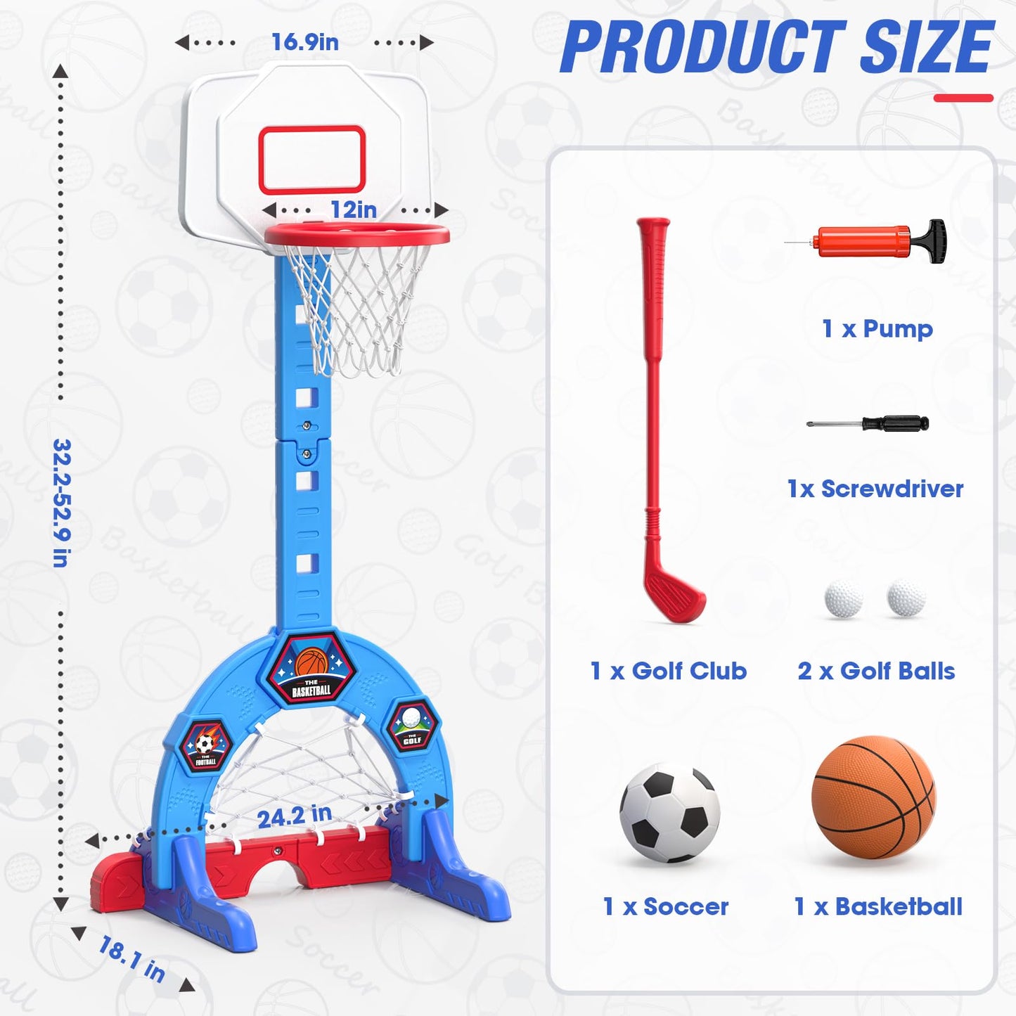 HYES Toddler Basketball Hoop – 3-in-1 Sports Center with Soccer Goal & Golf, 5-Height Adjustable Indoor/Outdoor Playset (Blue)