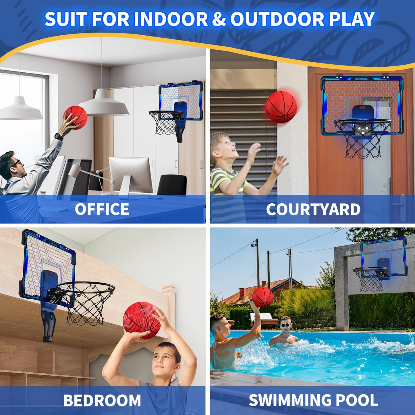 HYES Remote-Control Indoor Basketball Hoop with 7 LED Lights – Over-Door, 3 Modes, Blue