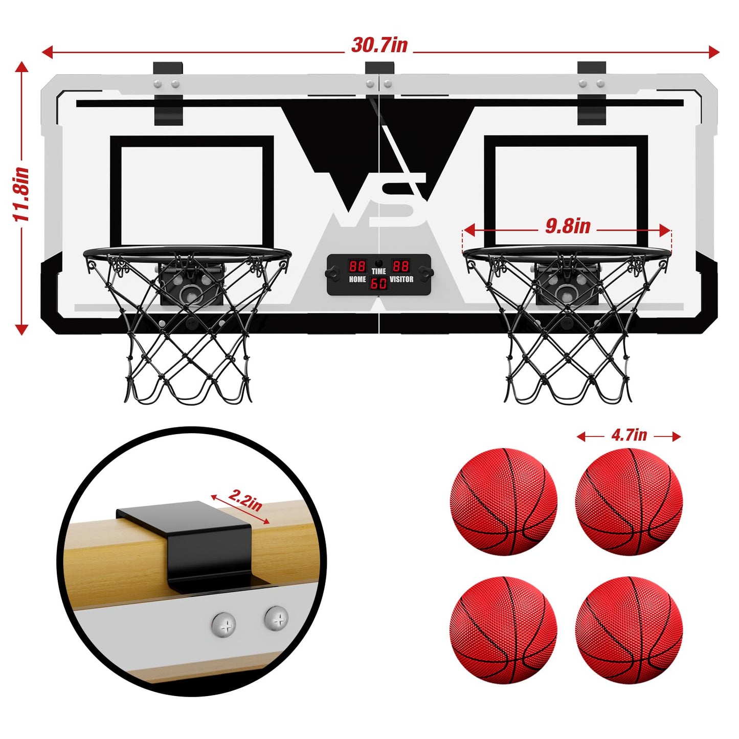 HYES 2-Player Over-Door Mini Basketball Game with Electronic Scoreboard | Dual Shot Hoop