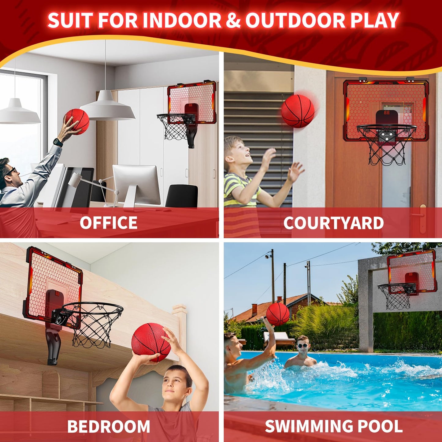 HYES Remote Control Indoor Basketball Hoop – 7 LED Lights, 3 Modes, Over-Door Mount (Red)