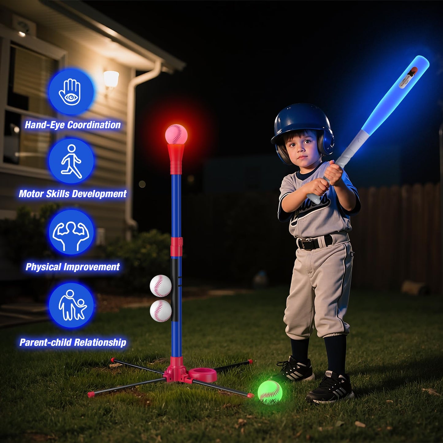 HYES 3-in-1 LED Baseball Set for Kids 3-5 | Adjustable Tee, Ball Launcher, Indoor/Outdoor