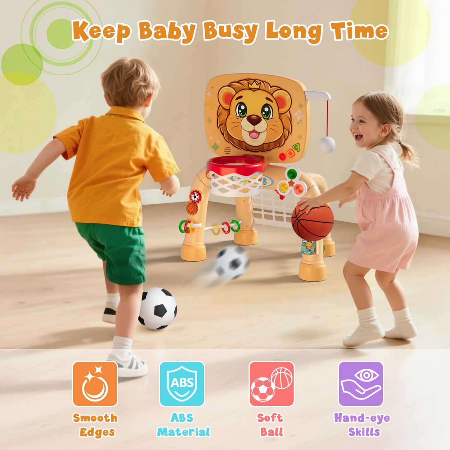 HYES 3-in-1 Toddler Sports Center: Basketball Hoop, Soccer Goal & Learning Abacus for Ages 1–3