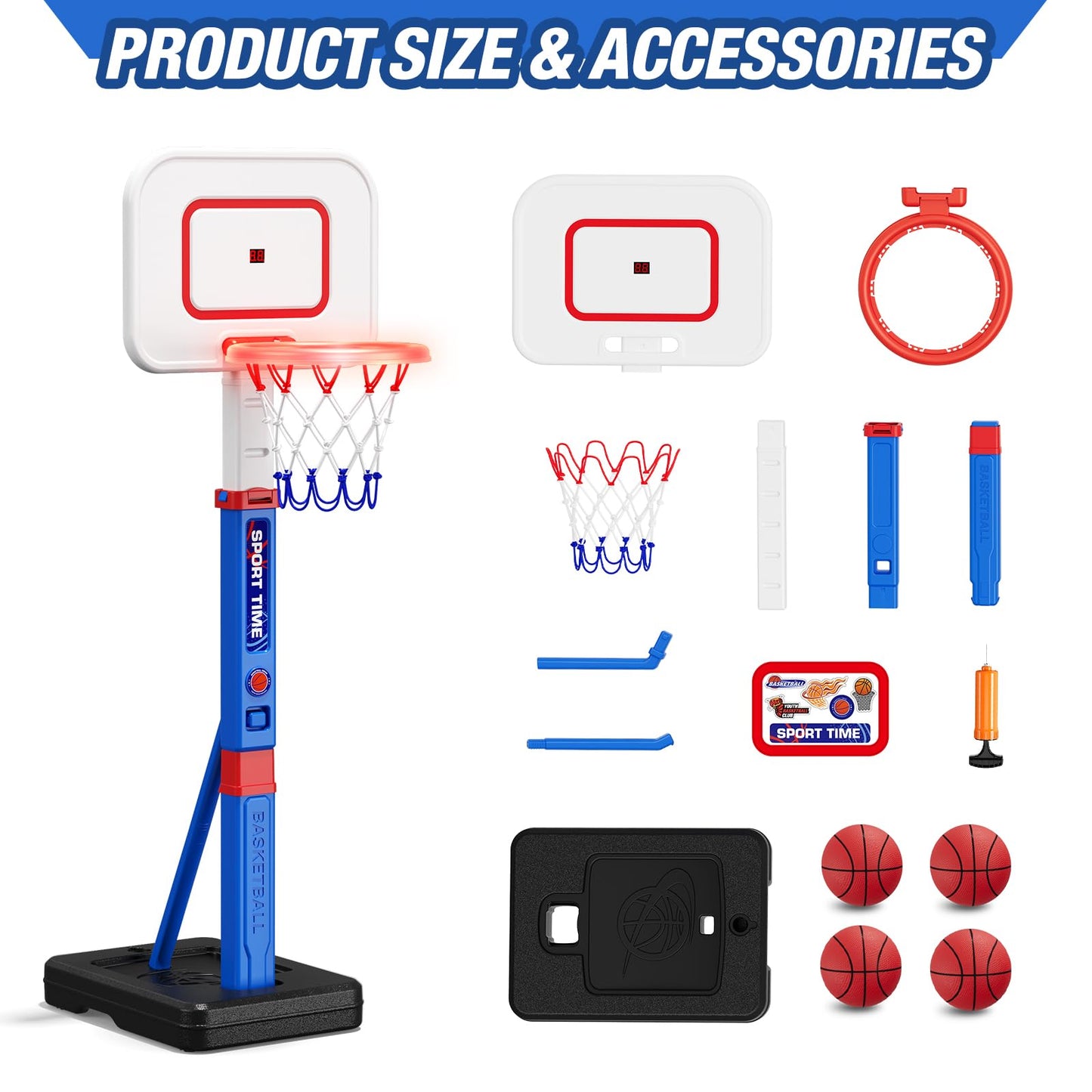 HYES Toddler Basketball Hoop with Scoreboard and LED Rim — 55in Adjustable Indoor Outdoor