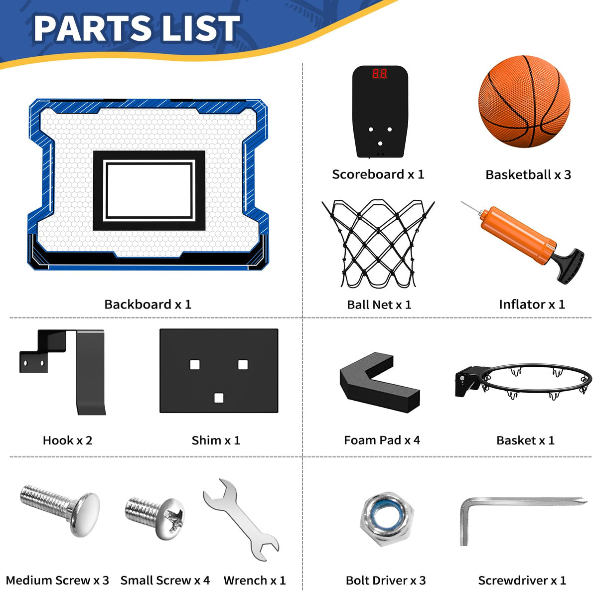 HYES Mini Basketball Hoop with Scoreboard – Over-the-Door Mount, 3 Balls, Inflator, Blue