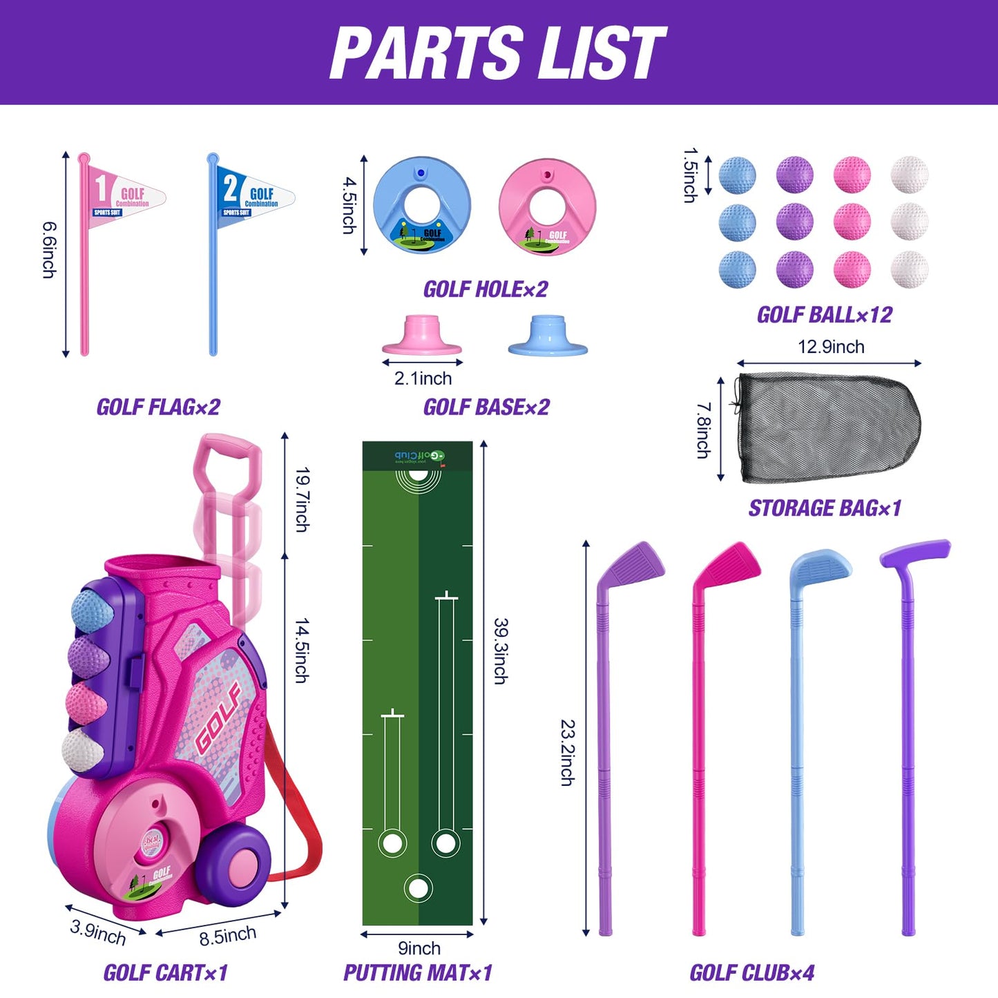 HYES Toddler Golf Set for 2-4 Years – 12 Balls, 4 Clubs, Putting Mat, Shoulder Strap | Pink