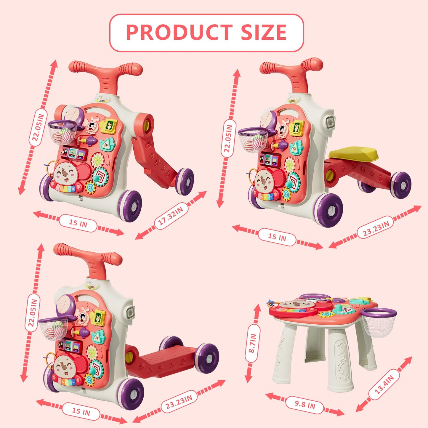 HYES Upgraded 5-in-1 Baby Walker & Activity Center for Baby Girls – Red